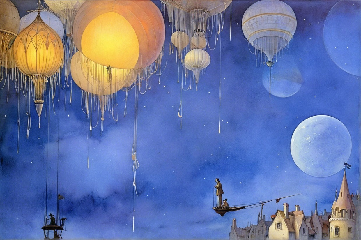 Colorful Hot Air Balloons in a Dreamlike Night Sky