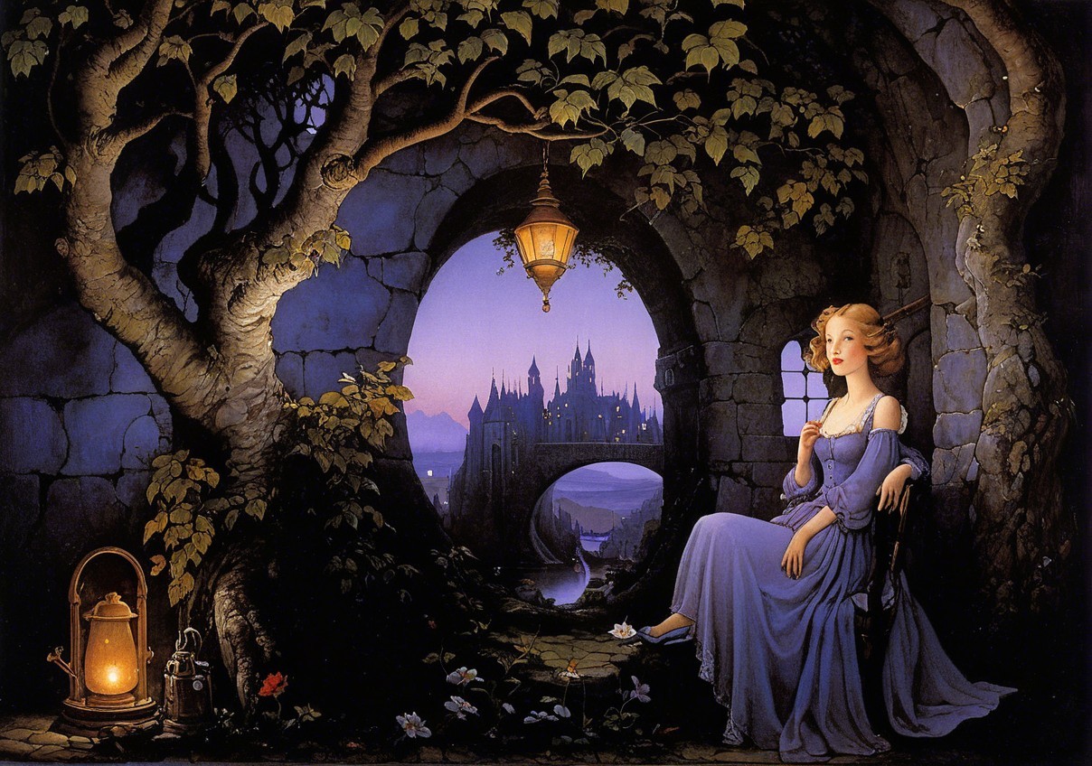 Young Woman in Blue Dress by Twilight Castle Scene