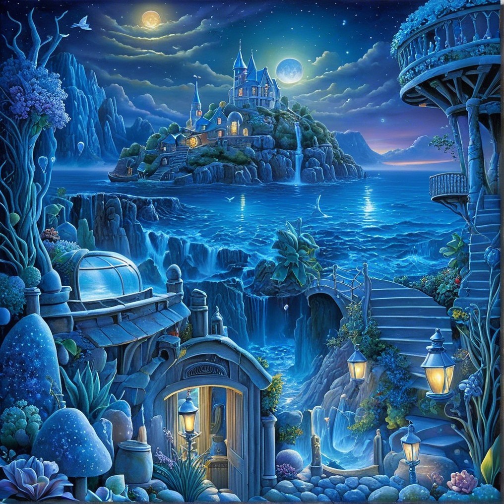 Mystical Castle on Rocky Island Under Moonlight
