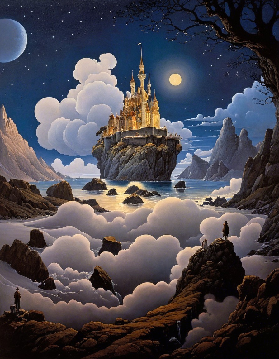 Majestic Castle on Rocky Island Under Starry Sky