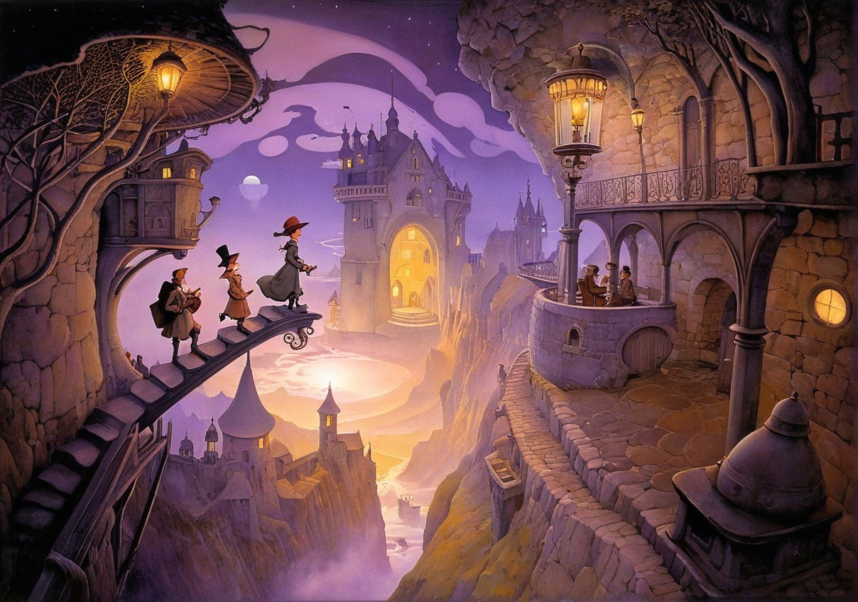 Twilight Scene with Characters on a Lantern Bridge