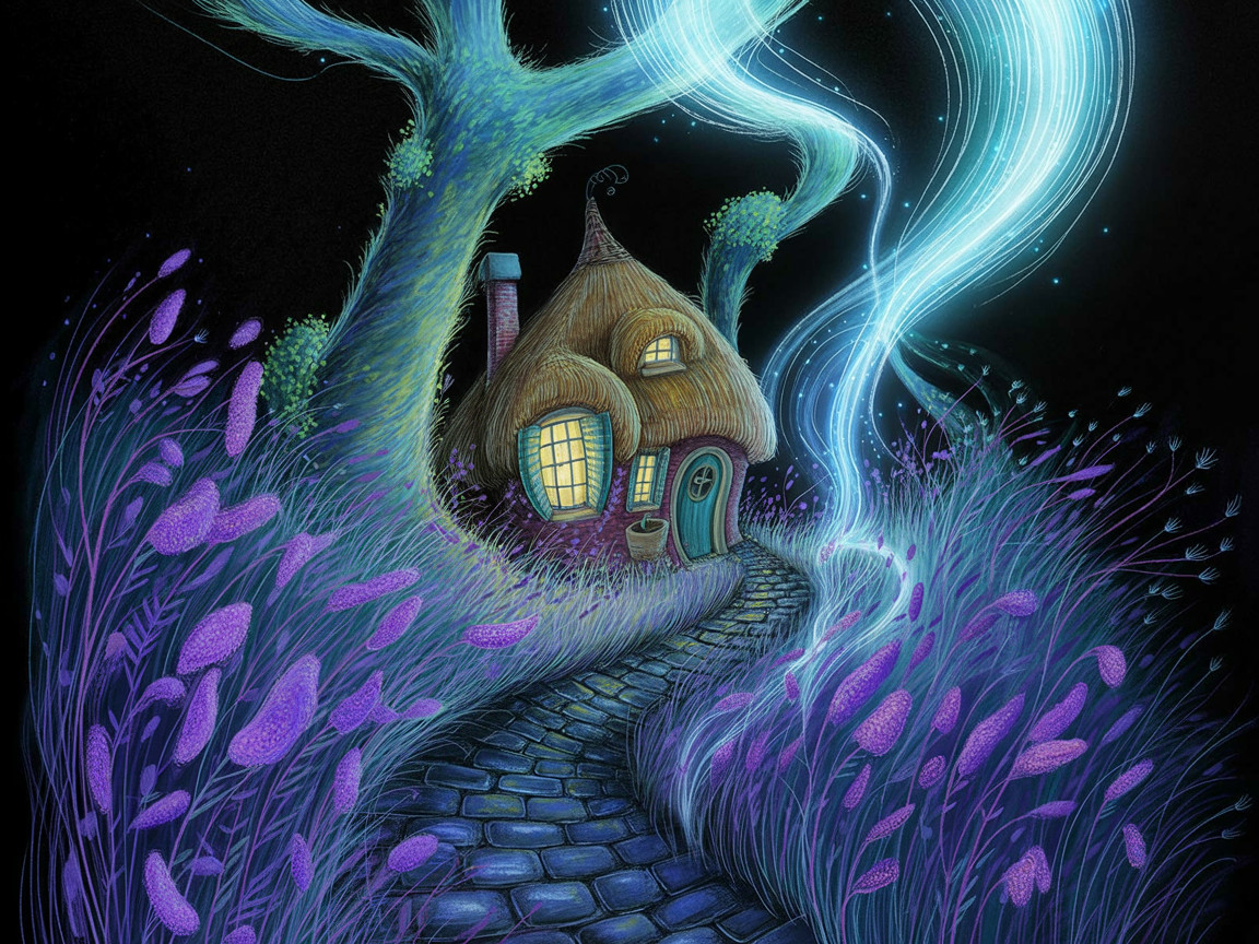Whimsical Night Scene of a Magical Cottage in Forest