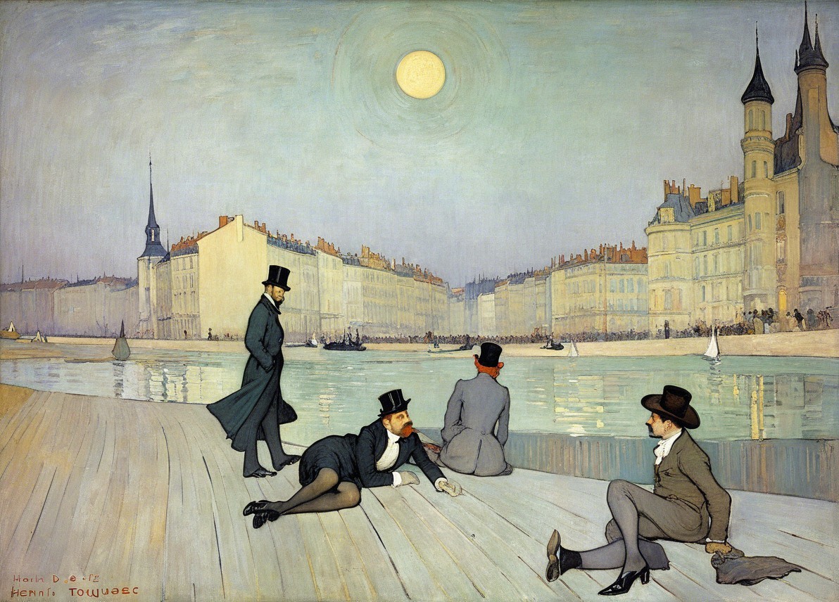 19th Century Riverside Gathering with Gentlemen in Attire