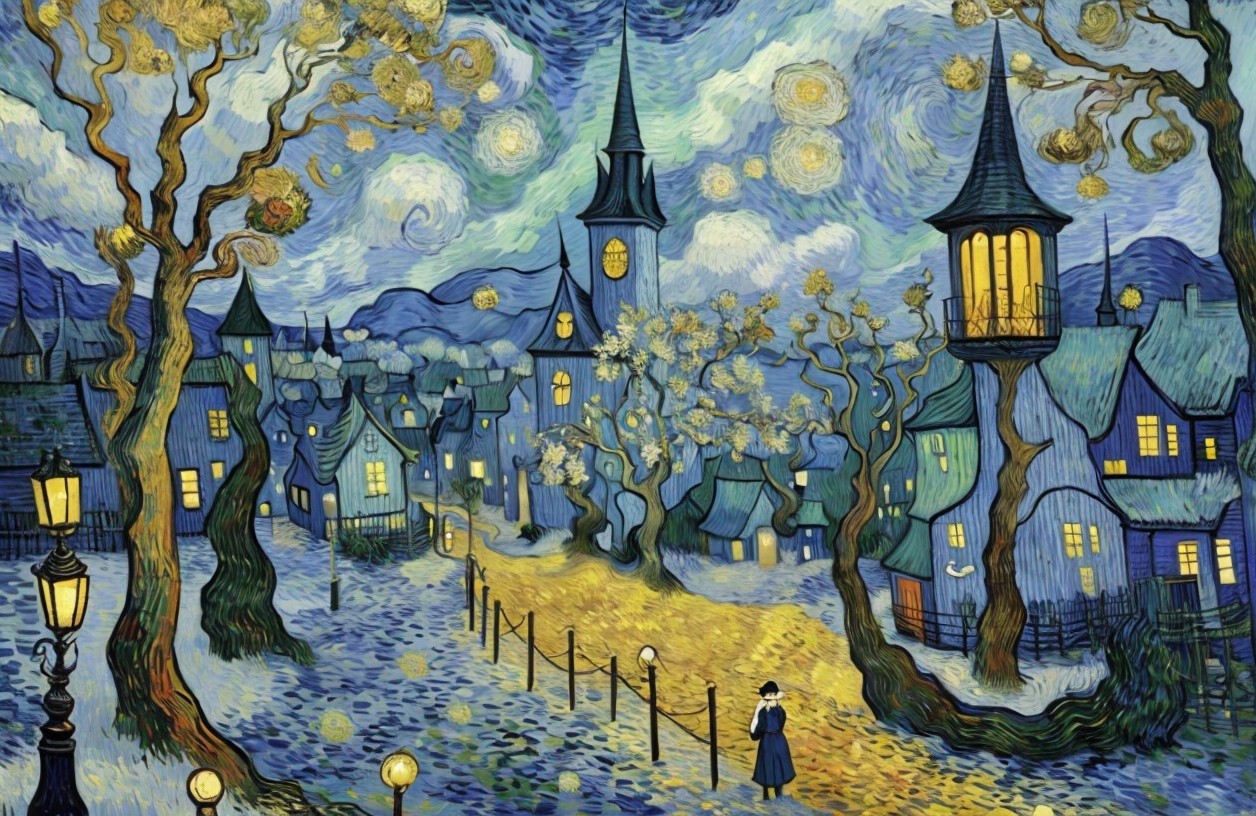 Surreal night sky with swirling stars, luminous buildings, lone figure, and large tree