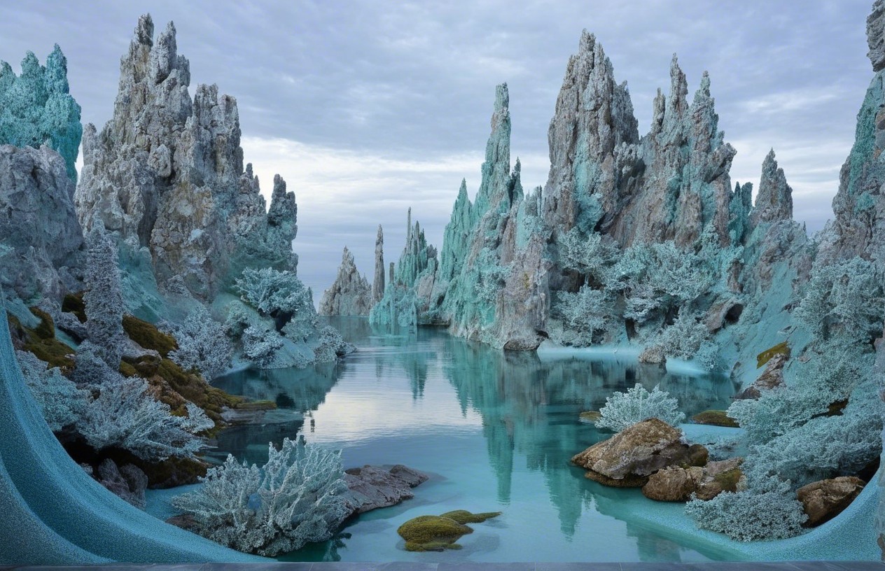 Surreal Landscape with Crystalline Formations and Water