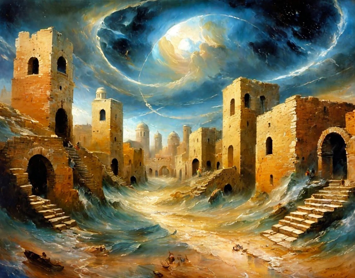 Surreal Landscape with Crumbling Structures and Turbulent Sky