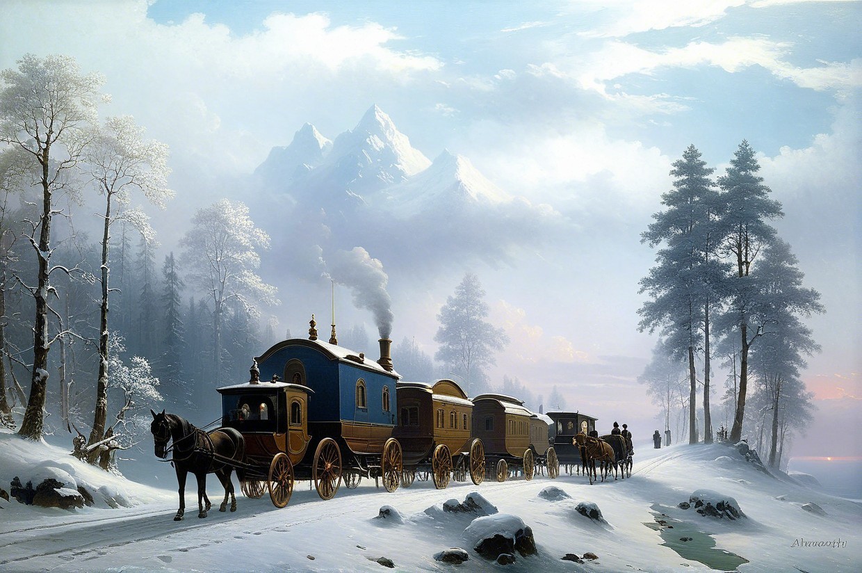 Vintage Carriages in a Serene Winter Landscape