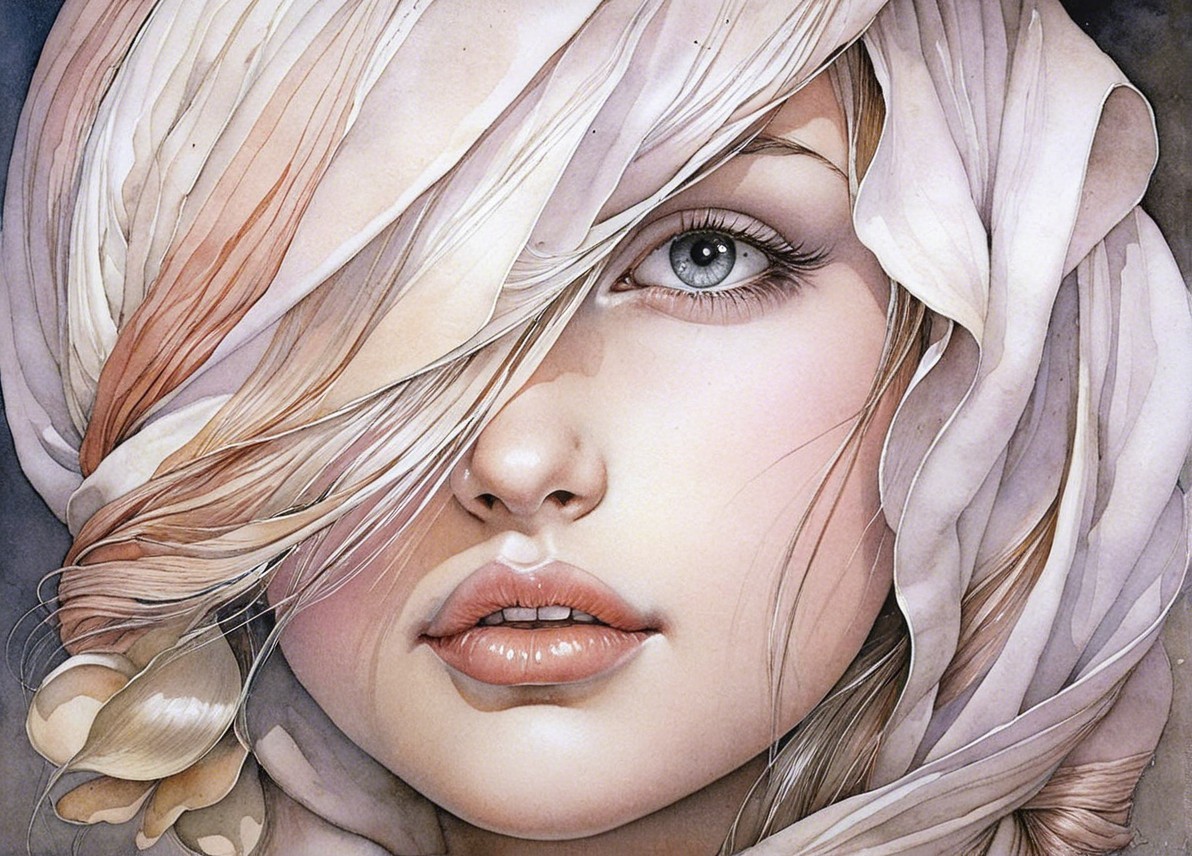 Close-Up of a Woman's Face with Soft Fabric Overlay