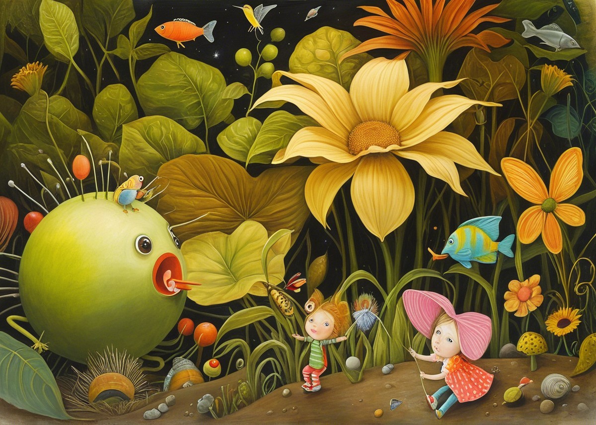 Whimsical Garden with Children and Colorful Creatures