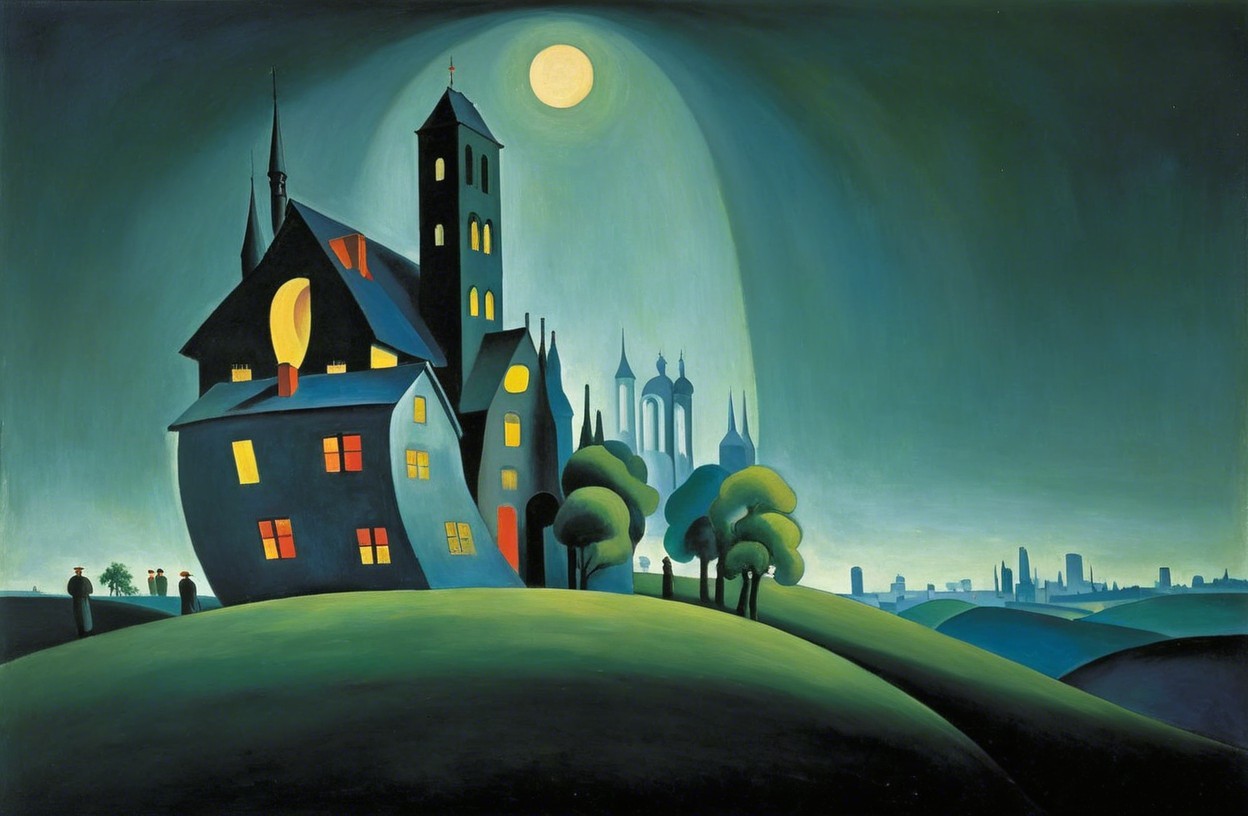 Whimsical Night Scene with Colorful House and Moonlit Sky