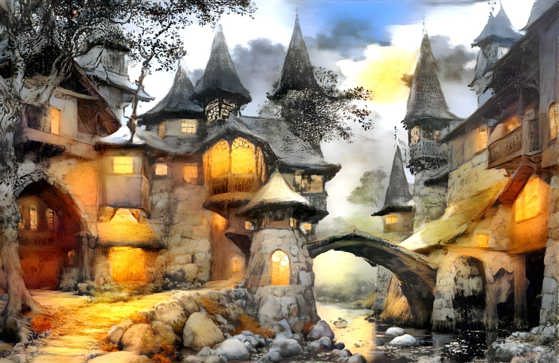 Medieval Village by a Serene River at Dusk