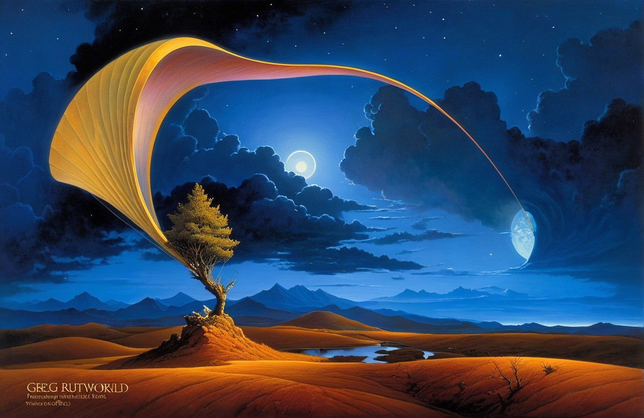 Surreal Landscape with Tree, Moons, and Reflective Water