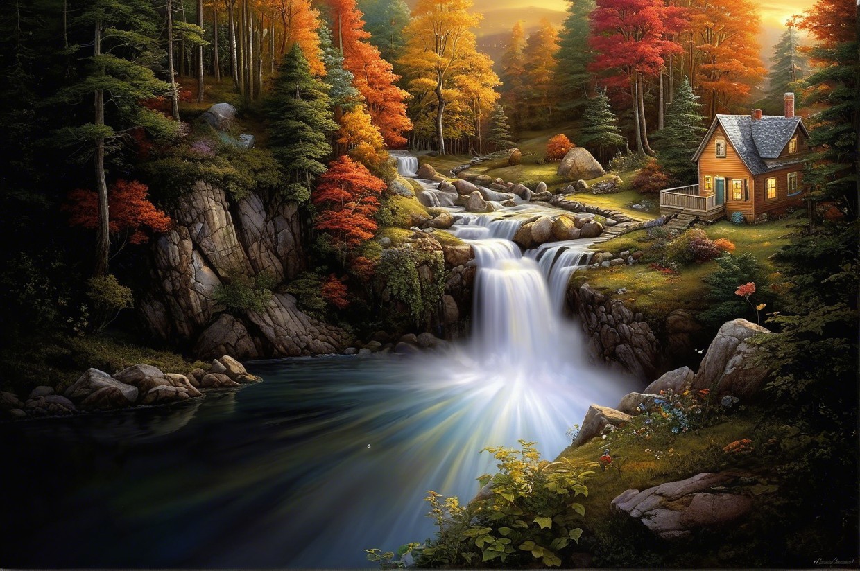 Autumn Landscape with Cabin and Waterfall Serenity