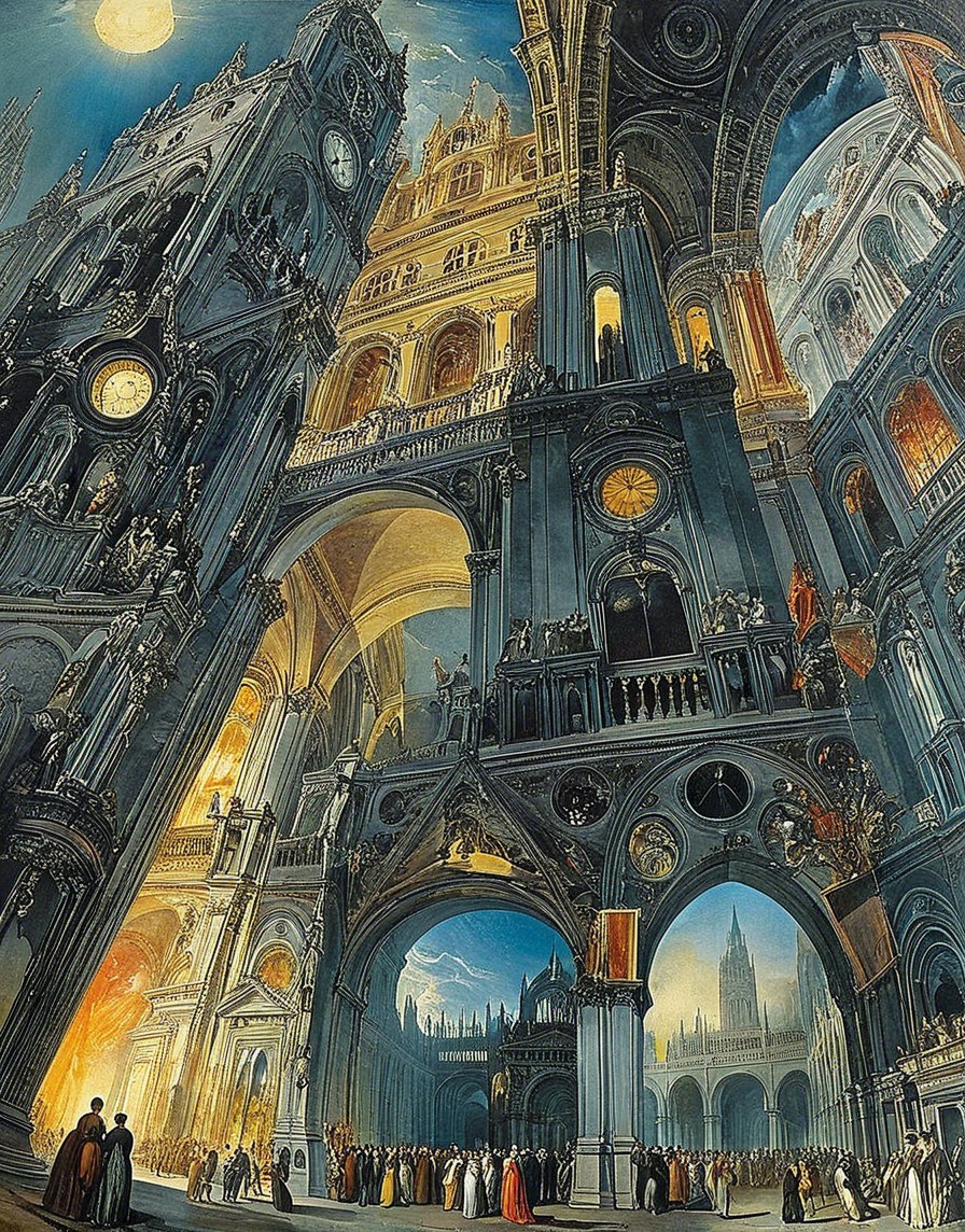 Illuminated Architectural Scene with Intricate Details
