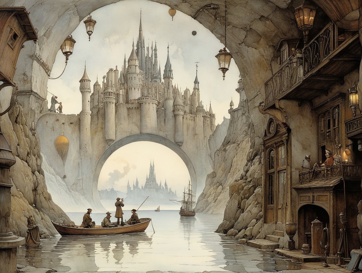 Serene Waterway with Castle and Hot Air Balloons