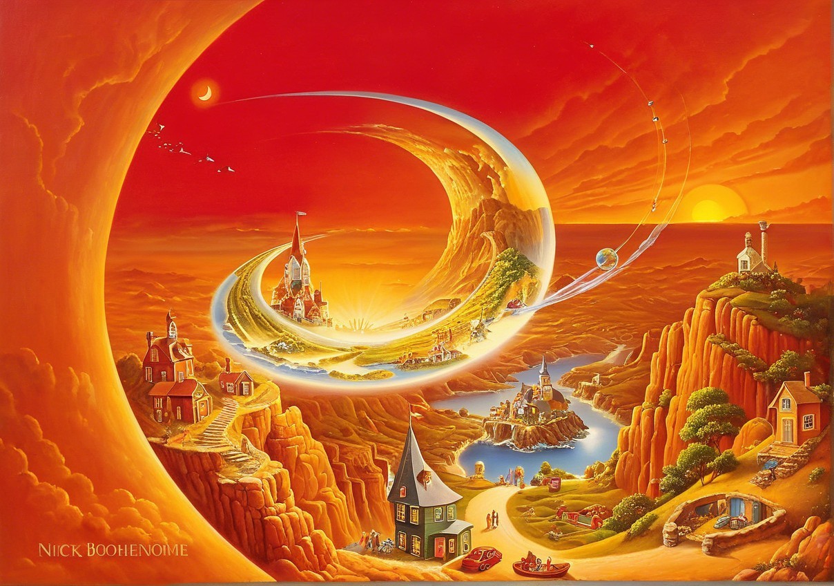 Surreal Landscape with Whimsical Towns and Celestial Body