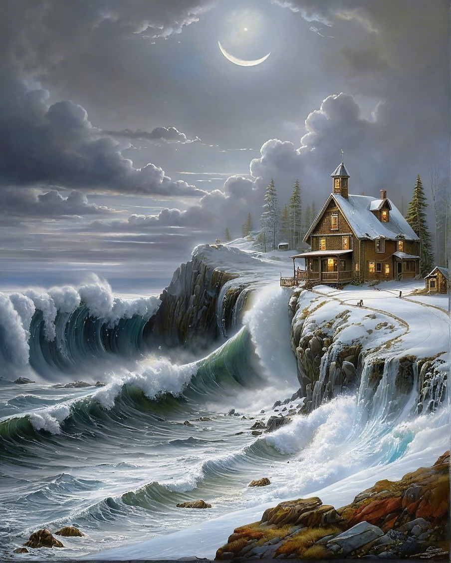Winter Landscape with Cozy House and Turbulent Waves