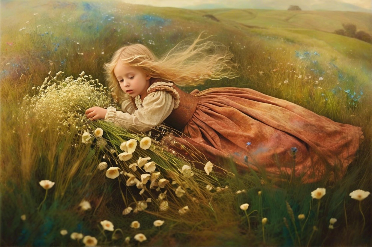 Young girl in vintage dress among wildflowers in meadow