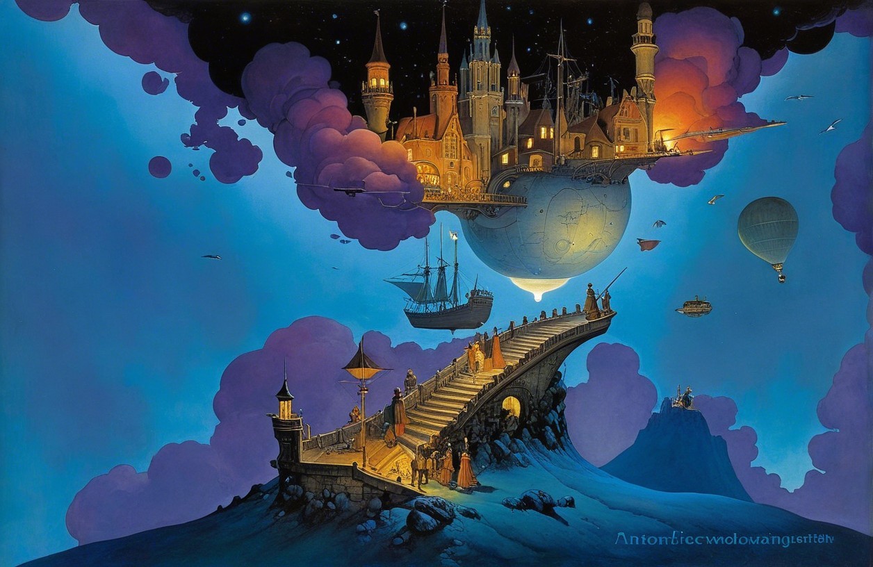 Surreal Landscape with Winding Staircase and Castle