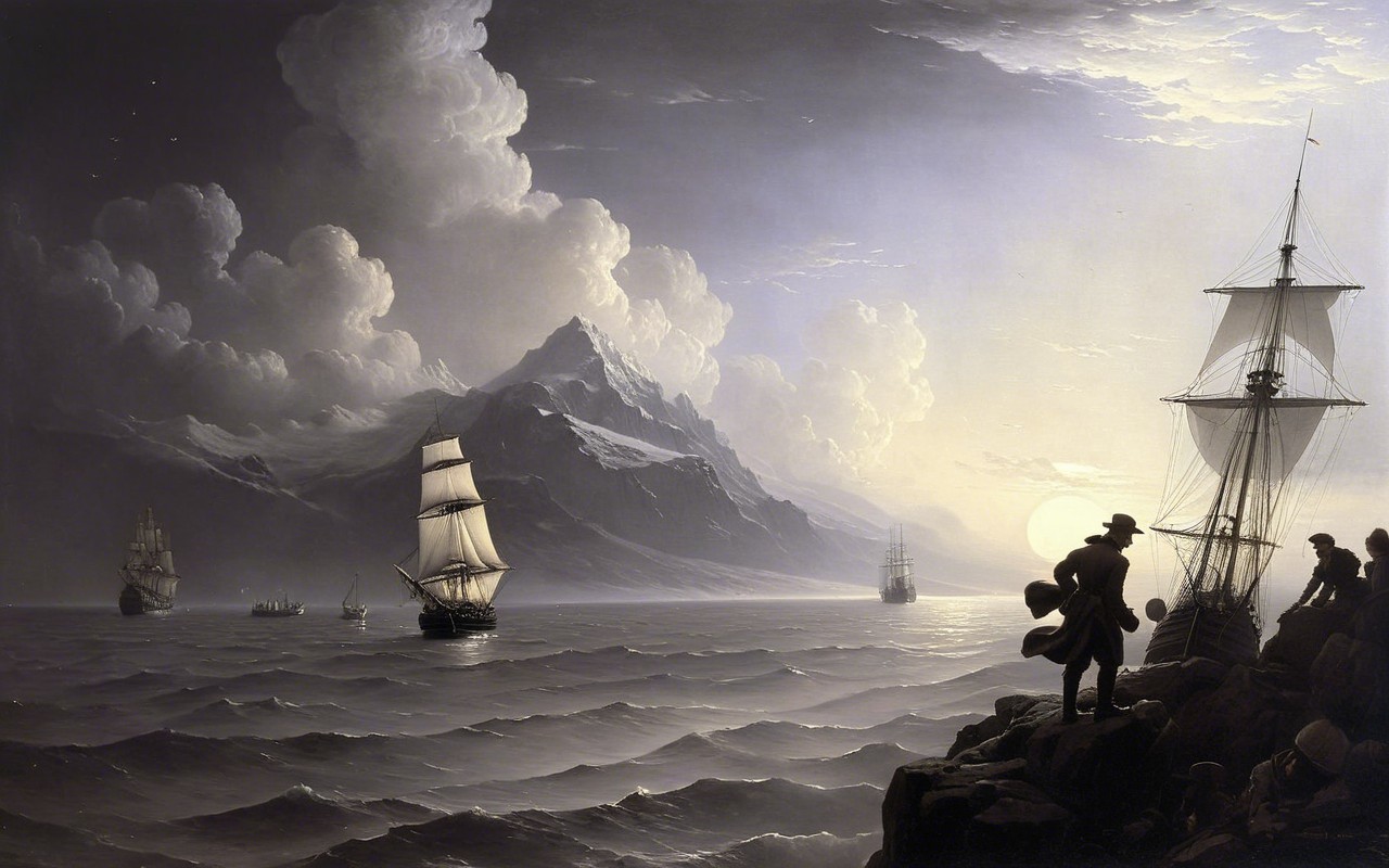 Serene Maritime Scene with Ships and Mountains