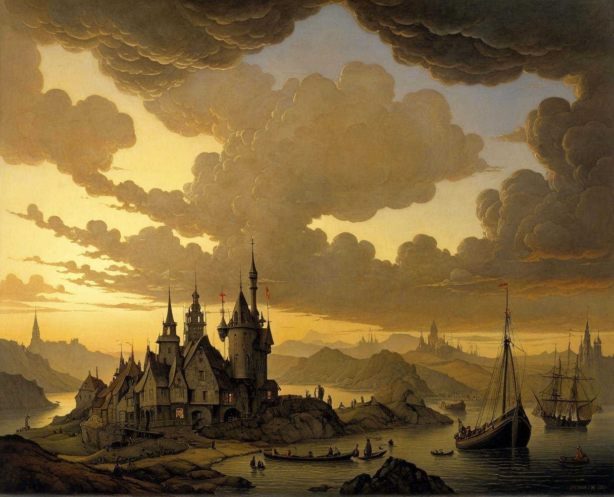 Historic Port Scene at Sunset with Castle and Ships