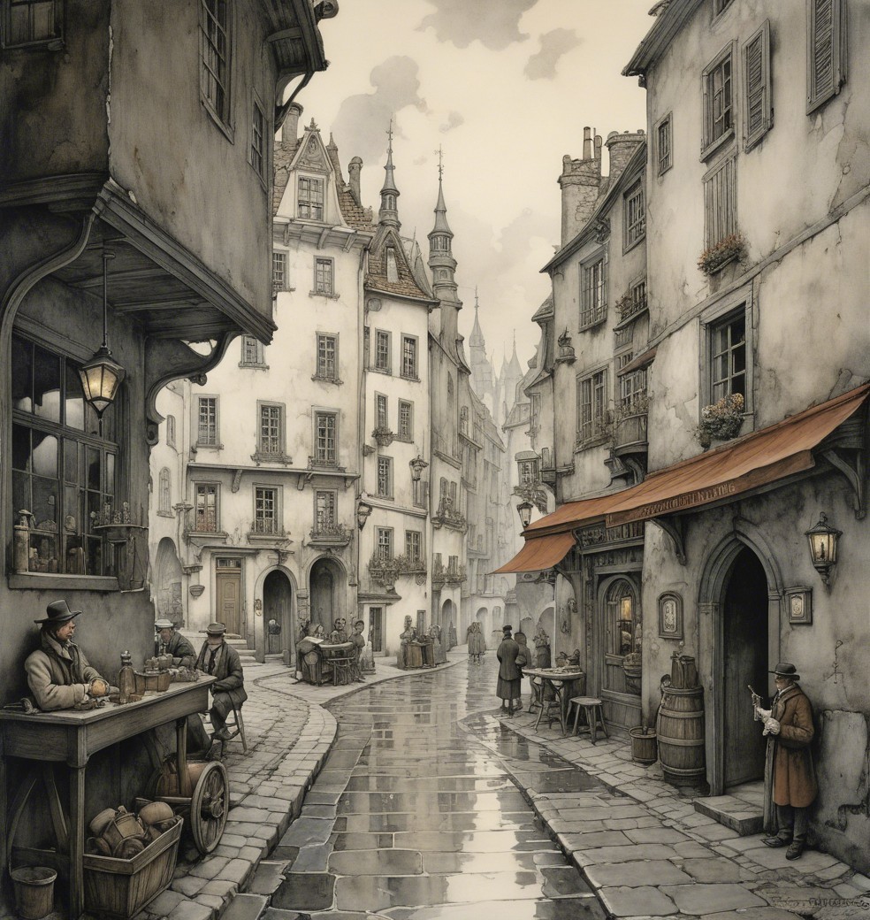 Old-world street scene with cobblestone alleys and shops
