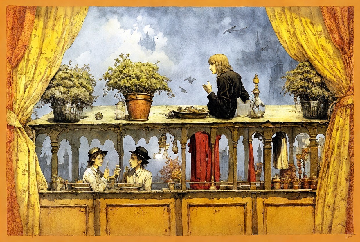 Whimsical Scene with Characters and Fantasy Elements