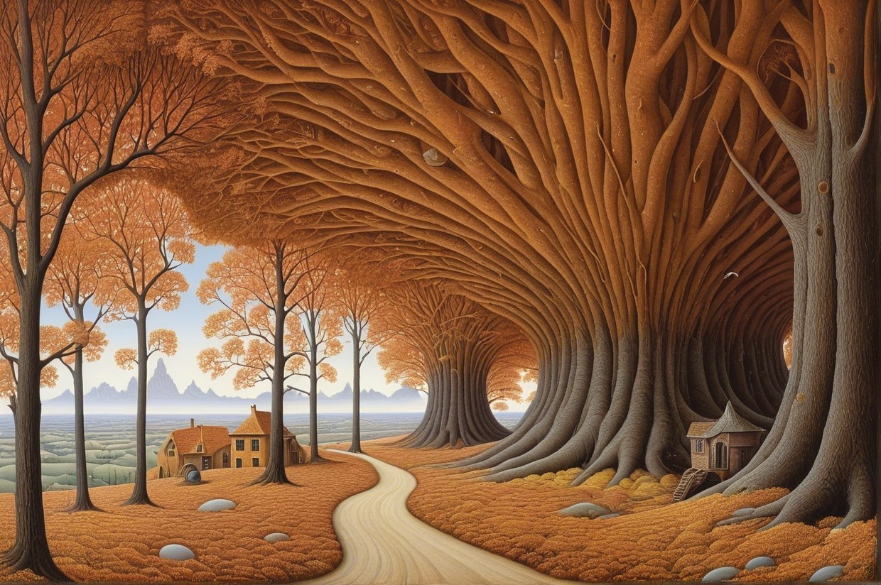 Enchanting Forest Path with Quaint Houses and Mountains