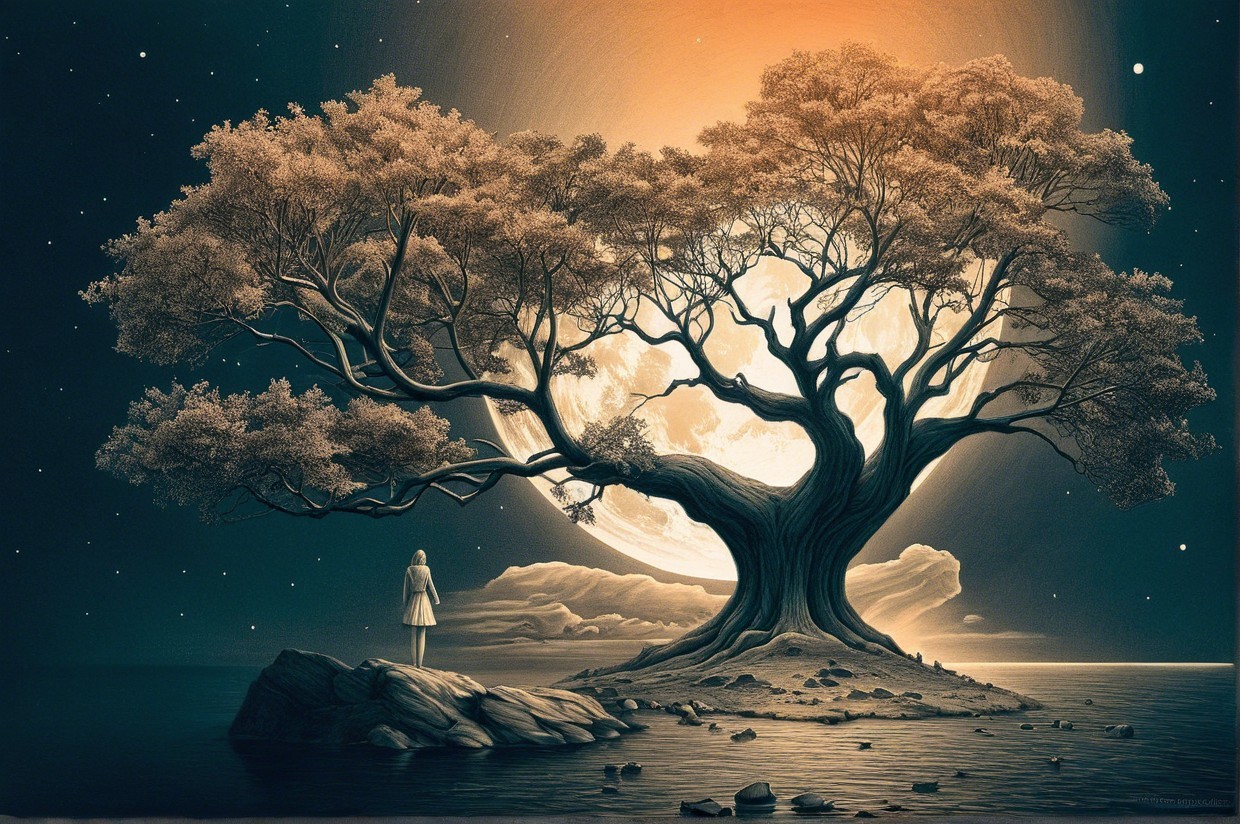 Solitary Figure on Shore Under Glowing Moon and Tree