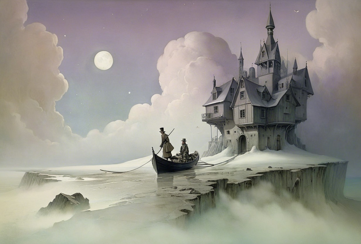 Dark Castle on Cliff with Foggy Waters and Moonlight