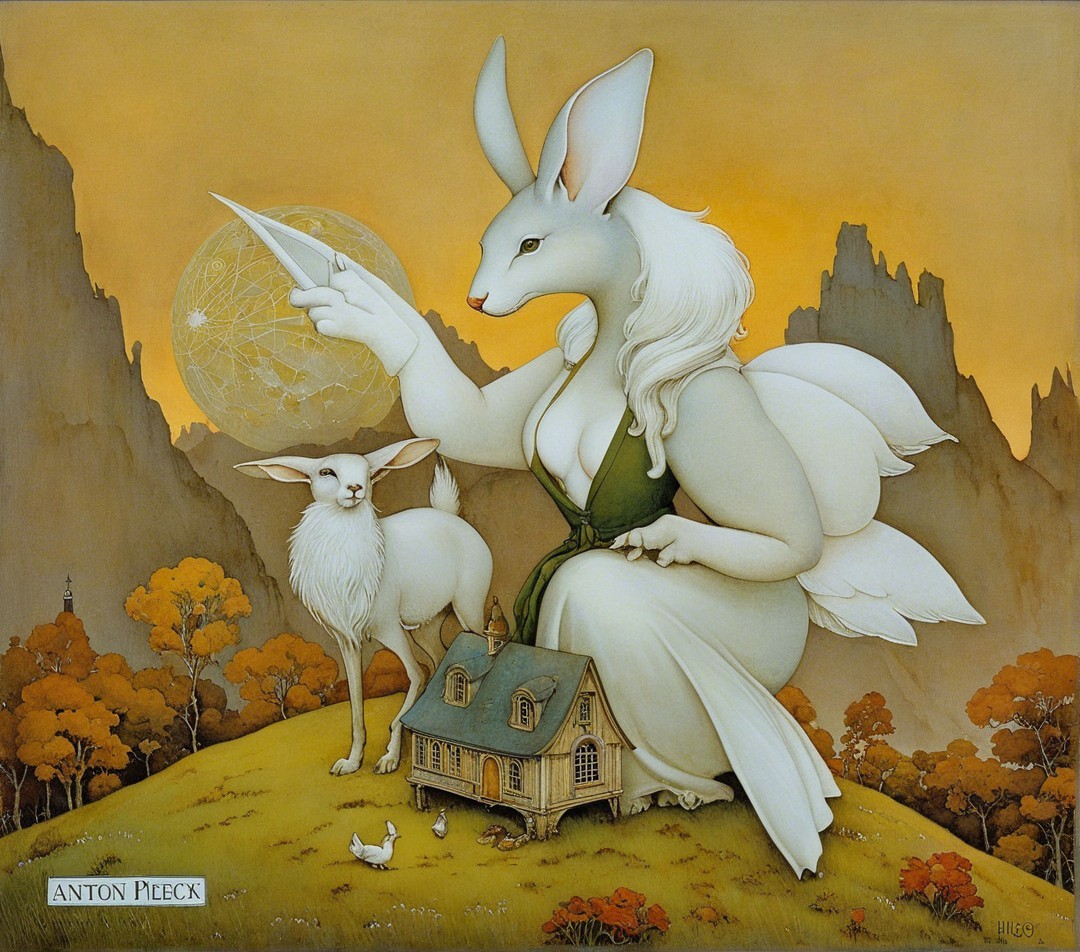 Whimsical Scene of Rabbit-Woman and Enchanted Landscape