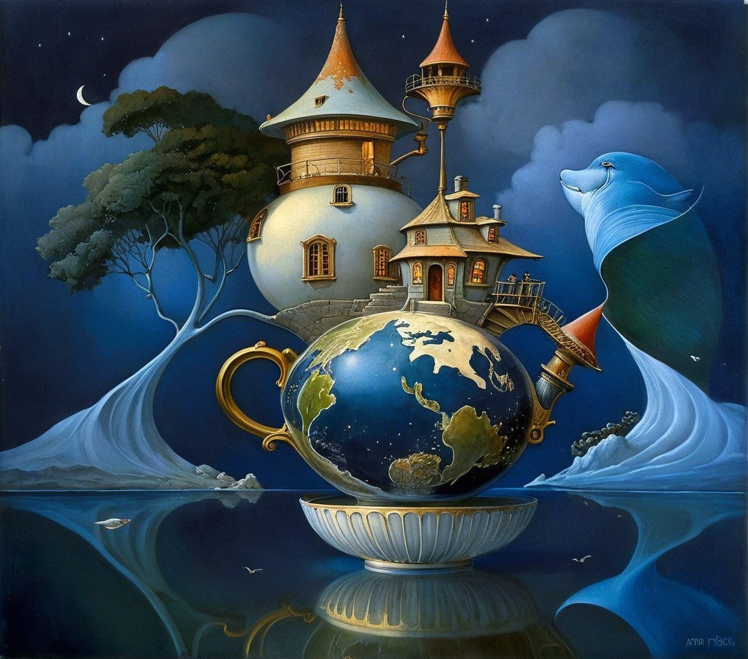 Whimsical Teapot Shaped Like Earth in Surreal Landscape