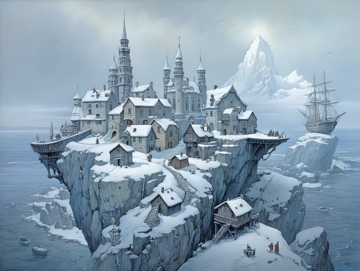 Winter Landscape with Castle and Snowy Mountains