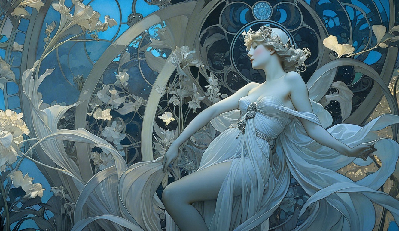 Graceful figure in flowing garments with floral patterns