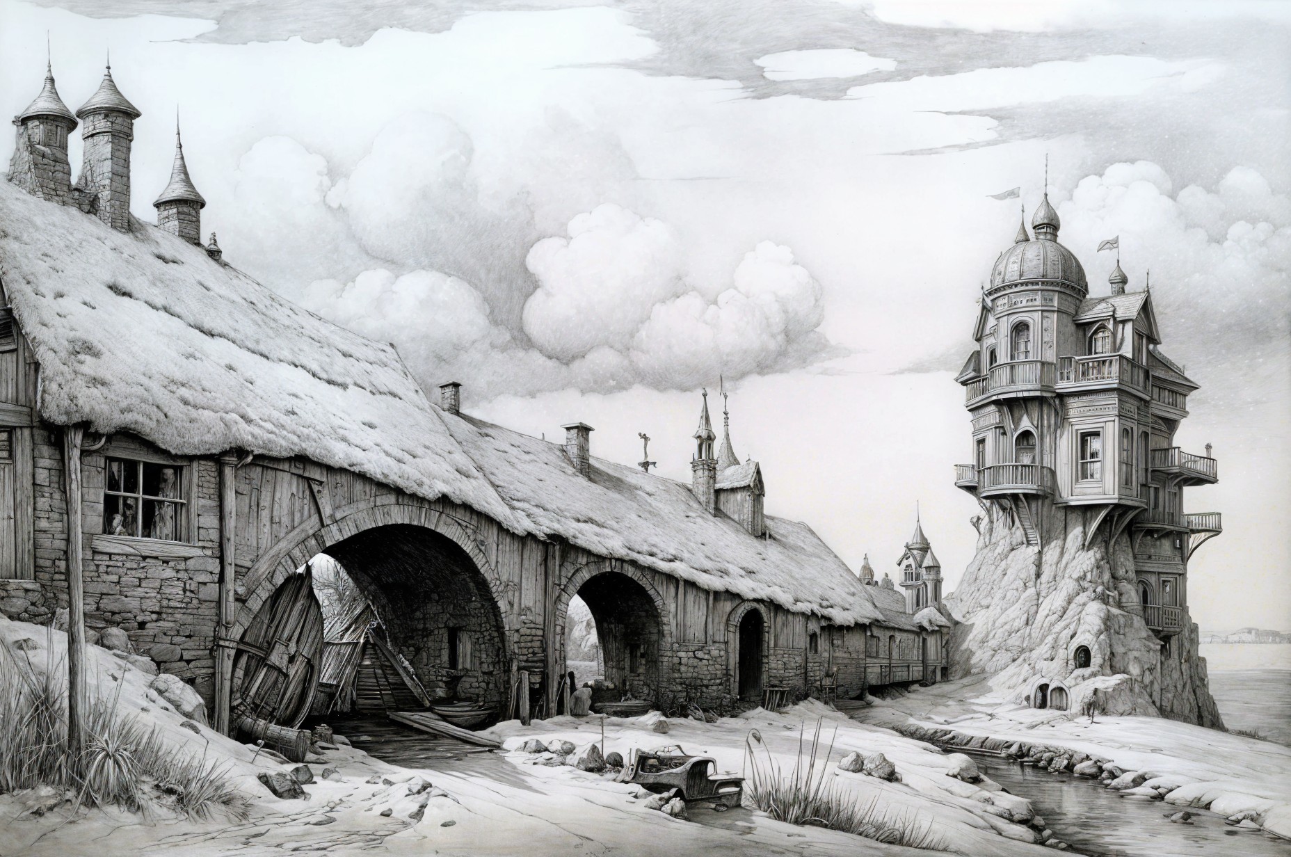 Serene Landscape of a Rustic Village by Water