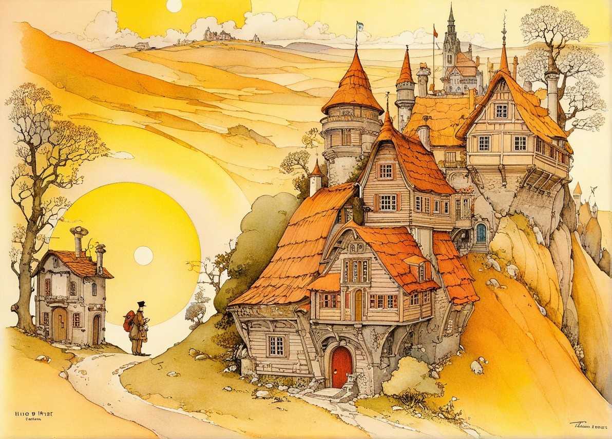 Whimsical Fairy-Tale Village on a Hilltop Landscape