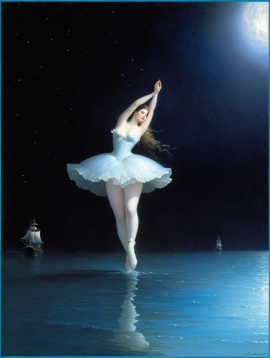 Ballerina Dancing on Moonlit Sea with Ships Silhouetted