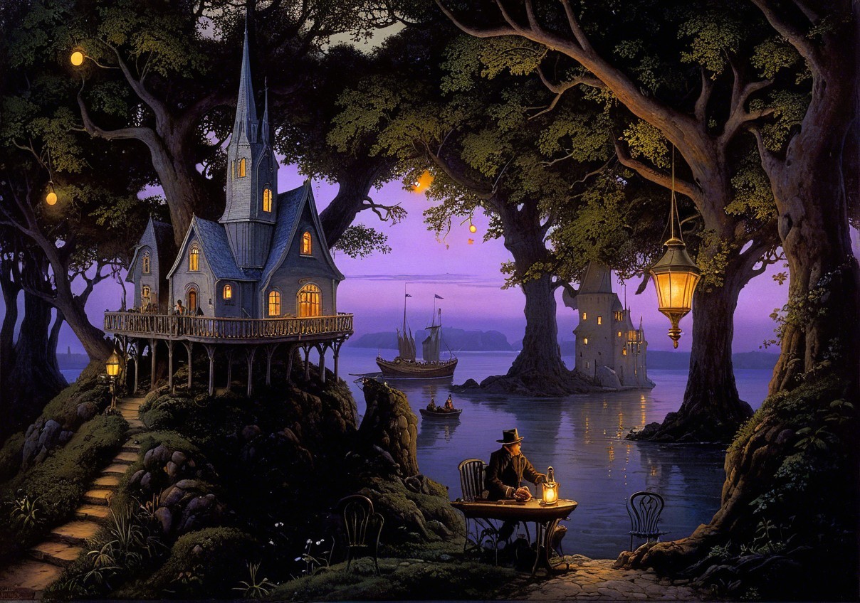 Whimsical Twilight Scene with Cottage and Waterway