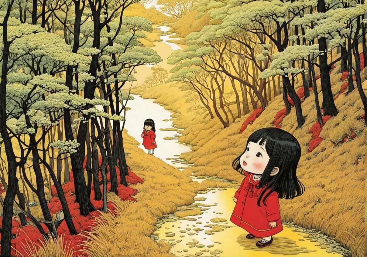 Woodland Scene with Two Girls in Red Coats