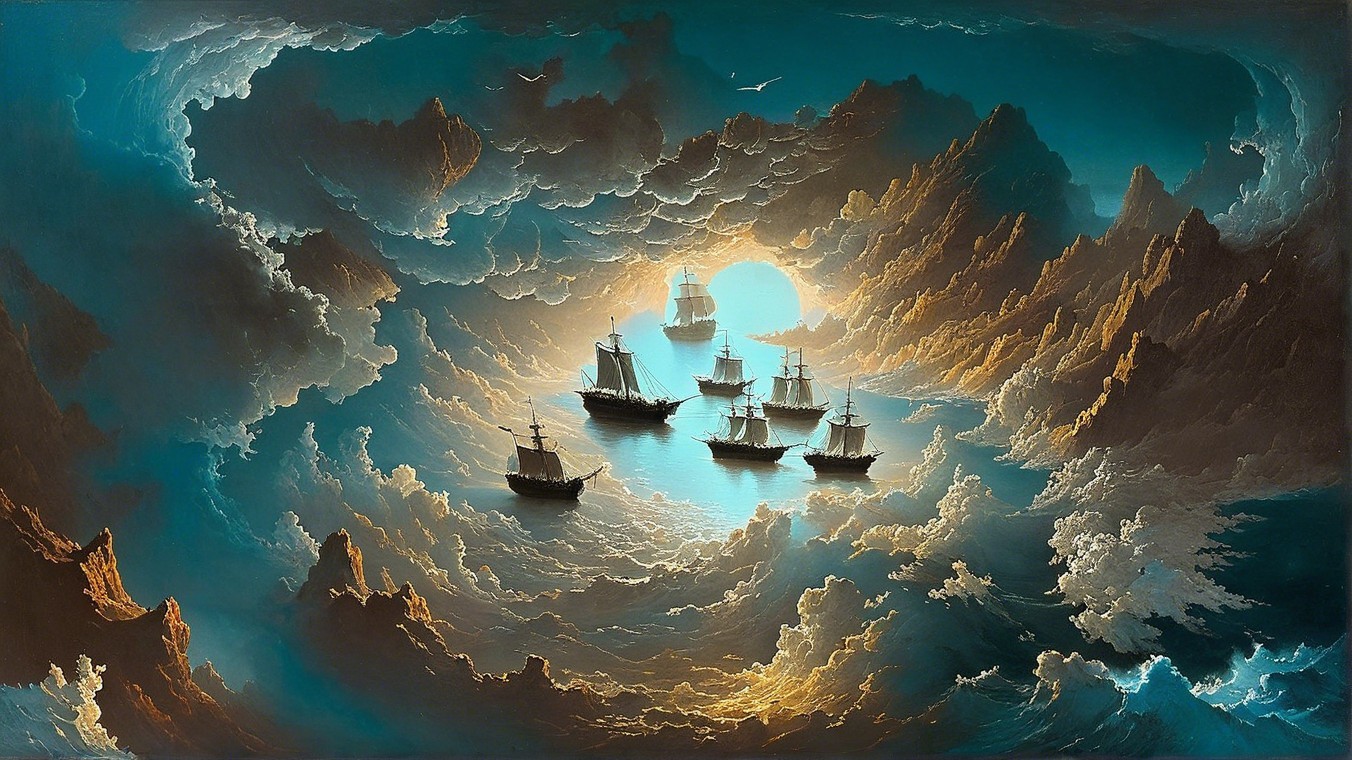 Tranquil Seascape with Ships and Dramatic Sky