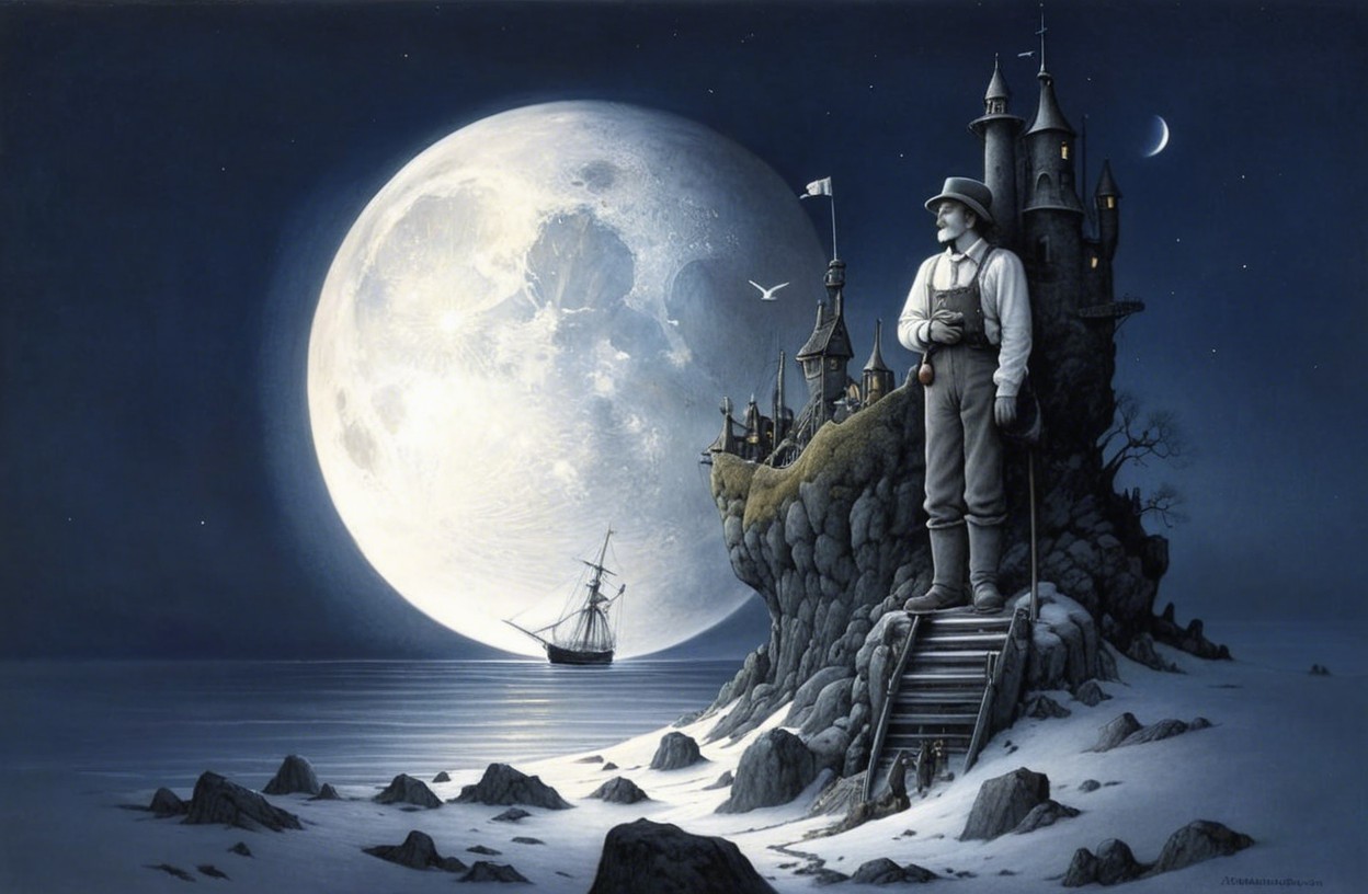 Lone figure on rocky outcrop under a luminous moon