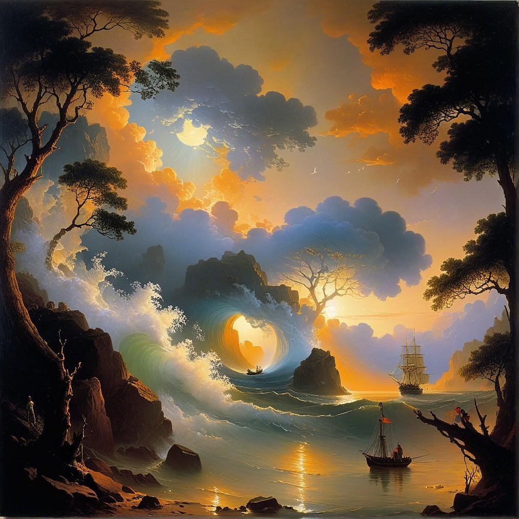 Twilight Seascape with Waves and Sailing Ships