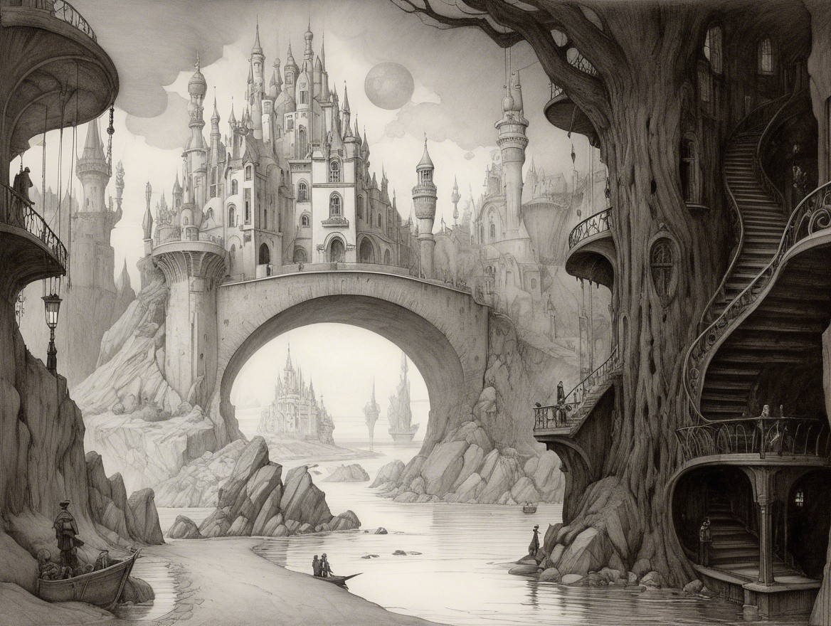 Fantastical Landscape with Castles and Monochrome Palette