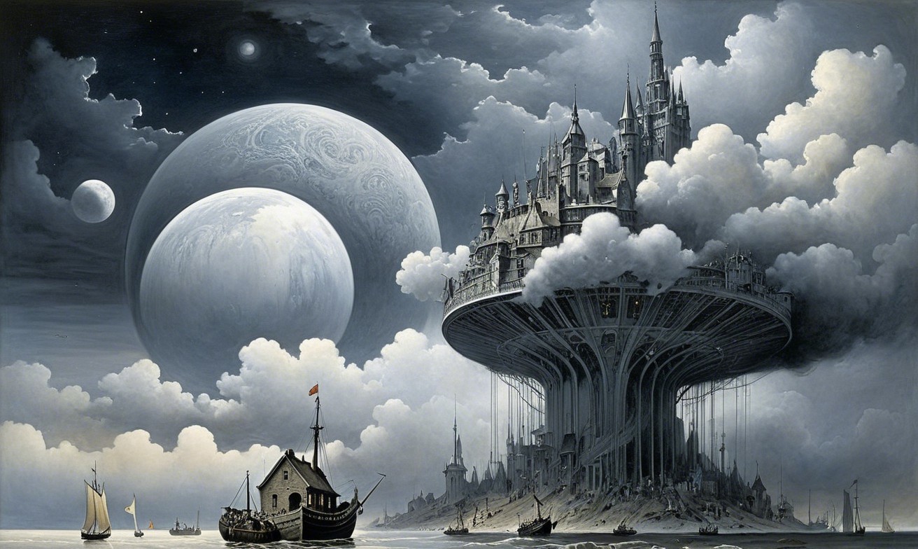Surreal Landscape with Castle and Cosmic Planets