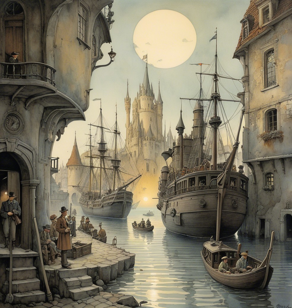 Serene Harbor Scene with Castles at Sunset