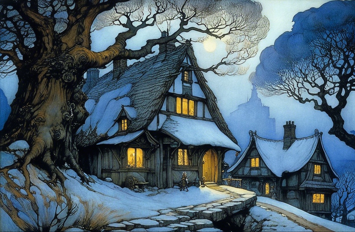 Snow-Covered Village Scene with Thatched Cottage