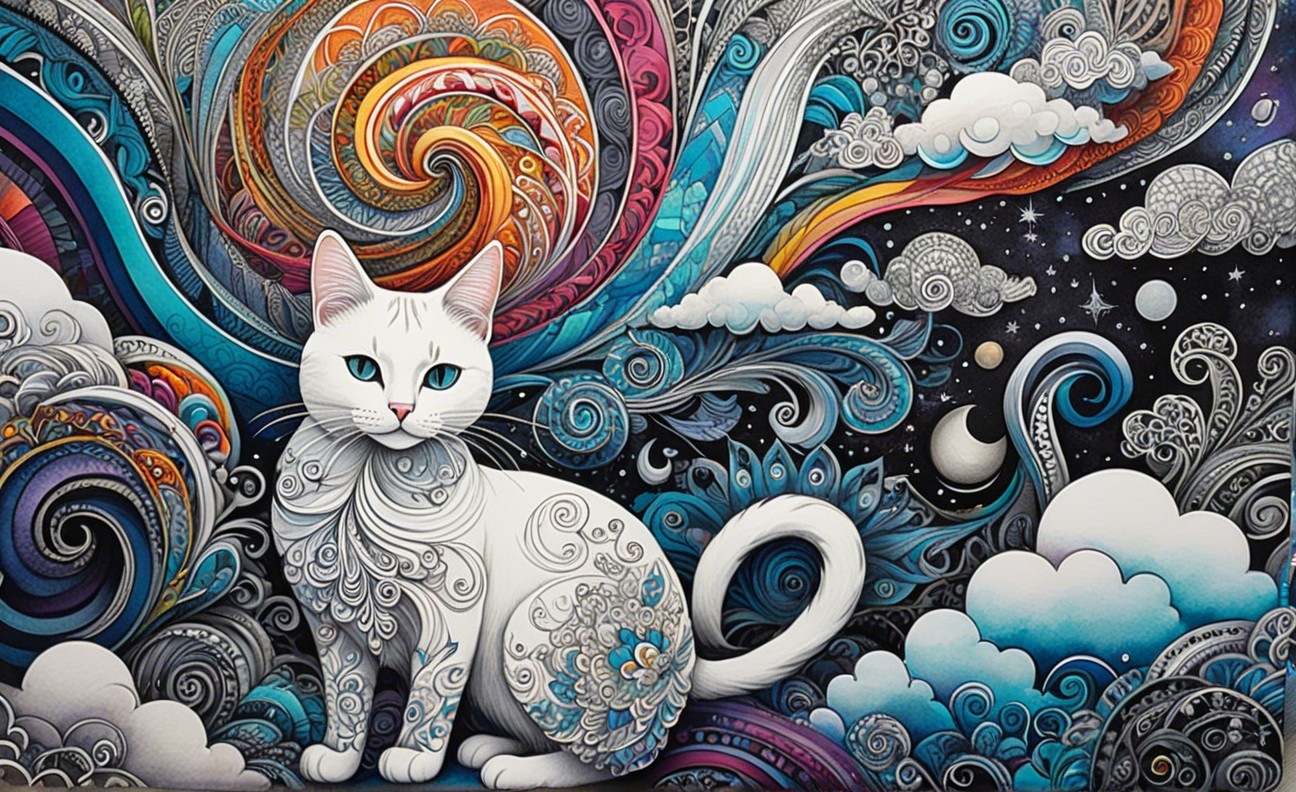 Whimsical Illustration of a Colorful White Cat