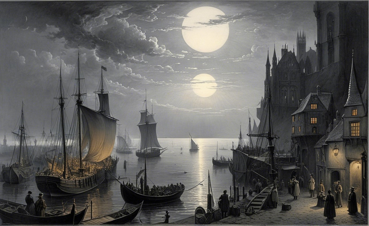 Serene Harbor Scene at Dusk with Two Moons