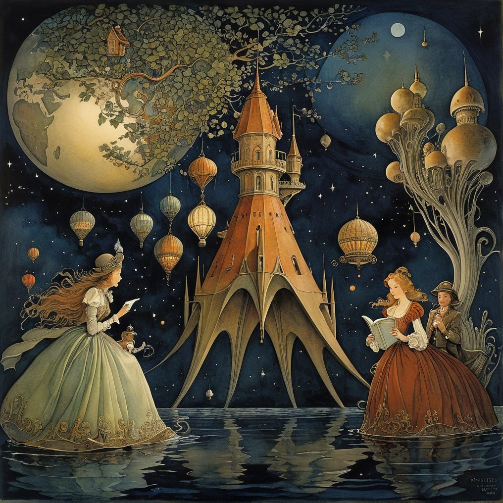 Whimsical Castle Scene Under Starry Night Sky
