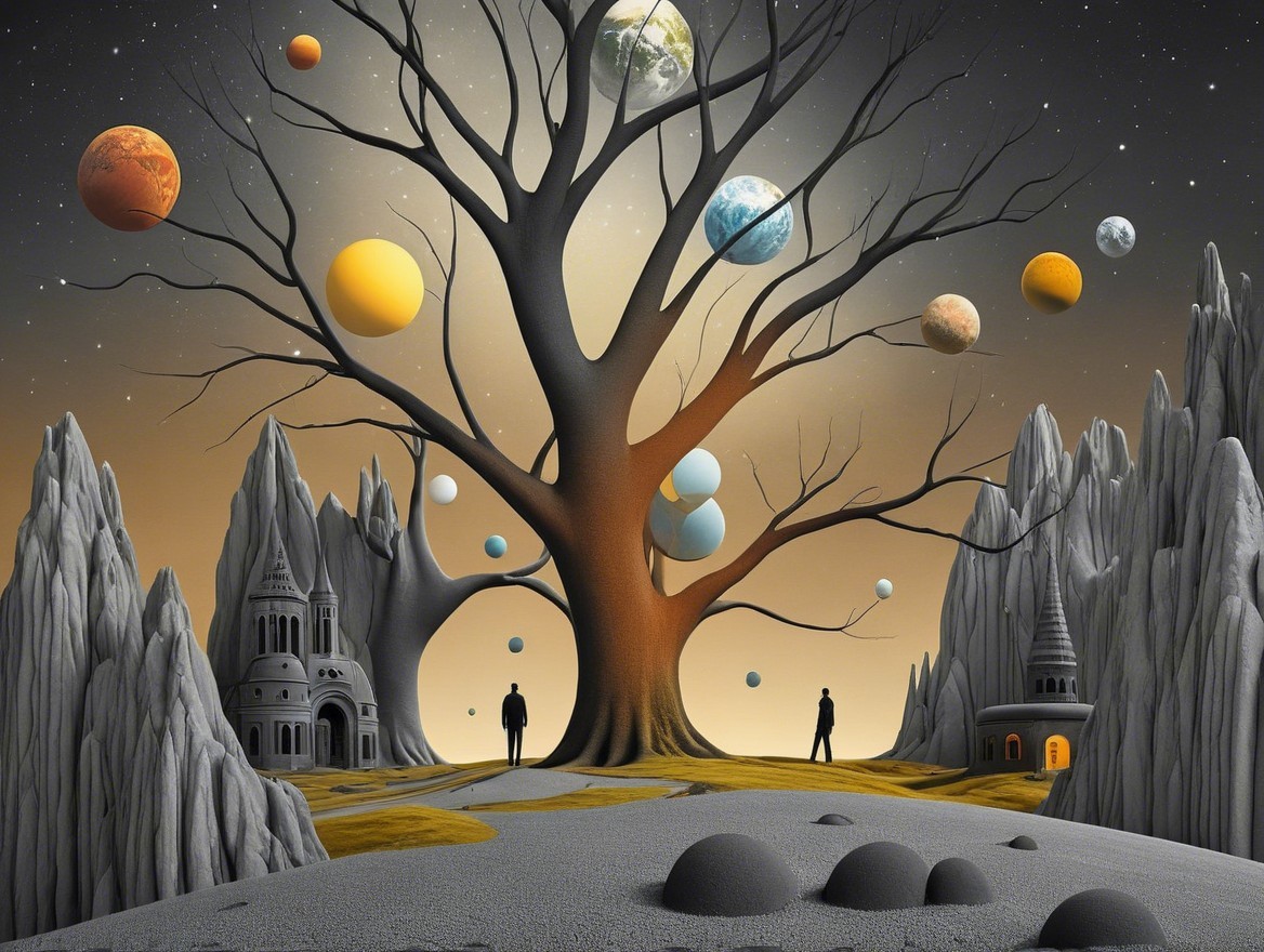 Surreal Landscape with Barren Tree and Cosmic Elements